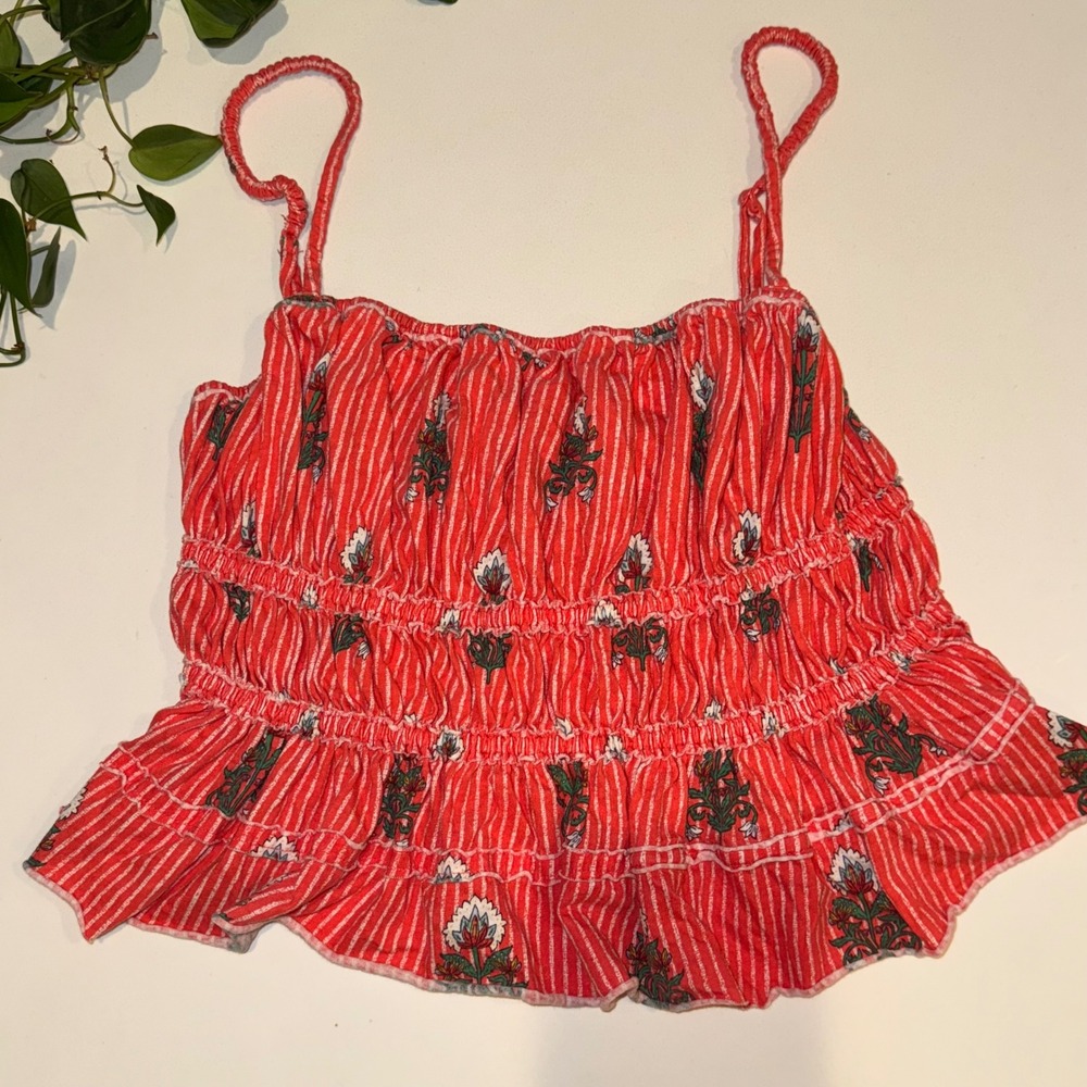 Smocked Floral Tank Free People Dolce Vita Red Ruffle Crop Top Boho Cotton M - Picture 8 of 8